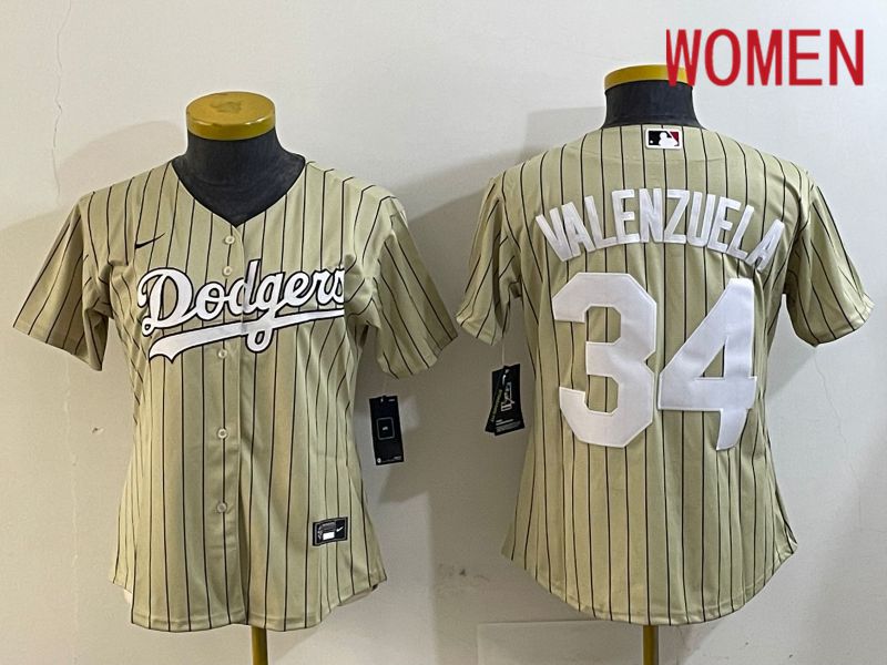 Women Los Angeles Dodgers 34 Valenzuela Green Stripe Game 2024 Nike MLB Jersey style 1